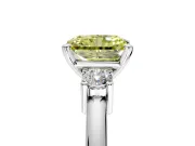 3 Stone Engagement Ring Setting for Fancy Yellow Radiant Cut Center with Wide Plain Band and Prong Head in Platinum