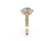 Halo Engagement Ring Setting for Round Cut Center with Milgrain Channel Band and Prong Head in Rose Gold