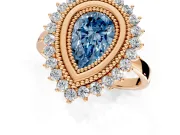 Halo Engagement Ring Setting for Fancy Blue Pear-Shaped Center with Milgrain Bezel Rim, Plain Band and Prong Head in Rose Gold