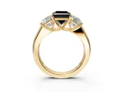 3 Stone Engagement Ring Setting for Fancy Black Princess Cut Center with Raised Basket Heads and Prong Head in Yellow Gold