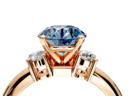 3 Stone Engagement Ring Setting for Fancy Blue Round Cut Center with Wide Plain Band and Prong Head in Rose Gold