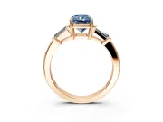 3 Stone Engagement Ring Setting for Fancy Blue Radiant Cut Center with Baguette Accents and Prong Head in Rose Gold