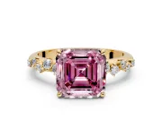 Cluster Engagement Ring Setting for Fancy Pink Asscher Cut Center with Round Cut Accent Band and Prong Head in Yellow Gold