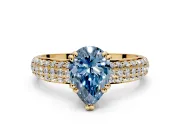 Solitaire Engagement Ring Setting for Fancy Blue Pear-Shaped Center with Multi-Row Pave Accents and Basket Head in Yellow Gold