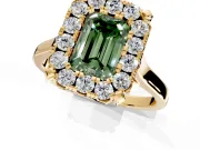 Single Halo Engagement Ring Setting for Fancy Green Emerald Cut Center with Corner Claws, Plain Band and Prong Head in Yellow Gold