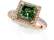 Halo Engagement Ring Setting for Fancy Green Princess Cut Center with Inner Milgrain Border and Prong Head in Rose Gold