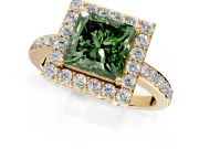 Halo Engagement Ring Setting for Fancy Green Princess Cut Center with Heart-Shaped Openwork, Pave Band and Prong Head in Yellow Gold