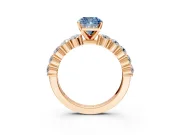 Shared-Prong Engagement Ring Setting for Fancy Blue Cushion Cut Center with Graduated Accents and Prong Head in Rose Gold