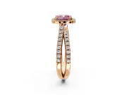Halo Engagement Ring Setting for Fancy Pink Cushion Cut Center with Double Pave Split Shank and Prong Head in Rose Gold