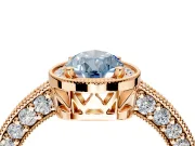 Milgrain Halo Engagement Ring Setting for Fancy Blue Pear-Shaped Center with Wide Pave Band and Prong Head in Rose Gold