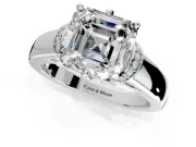 Solitaire Engagement Ring Setting for Asscher Cut Center with Wide Band, Pave Collar and Prong Head in Platinum