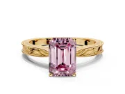 Solitaire Engagement Ring Setting for Fancy Pink Emerald Cut Center with Engraved Milgrain Band and Prong Head in Yellow Gold