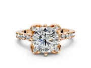 Floral Engagement Ring Setting for Round Cut Center with Pave Band and Floral Prong Head in Rose Gold