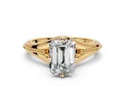 Solitaire Engagement Ring Setting for Emerald Cut Center with Milgrain Cathedral Band and Prong Head in Yellow Gold
