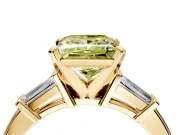 3 Stone Engagement Ring Setting for Fancy Yellow Princess Cut Center with Channel Baguette Accents and Prong Head in Yellow Gold