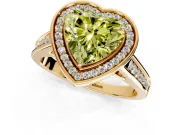 Halo Engagement Ring Setting for Fancy Yellow Heart-Shaped Center with Outer Bezel Rim, Pave Band and Prong Head in Yellow Gold