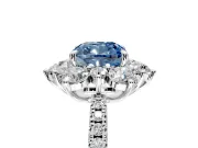 Floral Halo Engagement Ring Setting for Fancy Blue Cushion Cut Center with Pave Accents and Prong Head in White Gold