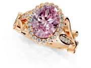 Halo Engagement Ring Setting for Fancy Pink Oval Center with Leaf Motif Split Shank and Prong Head in Rose Gold