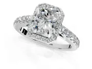 Halo Engagement Ring Setting for Radiant Cut Center with Full Pave Band and Prong Head in Sterling Silver