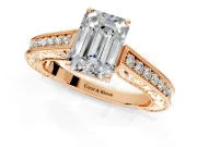 Solitaire Engagement Ring Setting for Emerald Cut Center with Engraved Pave Band and Prong Head in Rose Gold