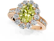 Halo Engagement Ring Setting for Fancy Yellow Oval Center with Milgrain Channel Band and Prong Head in Rose Gold