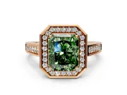Halo Engagement Ring Setting for Fancy Green Emerald Cut Center with Outer Bezel Rim, Pave Band and Prong Head in Rose Gold
