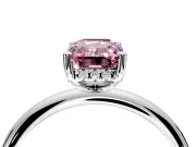 Hidden Halo Engagement Ring Setting for Fancy Pink Emerald Cut Center with Thin Round-Wire Band and Prong Head in Platinum