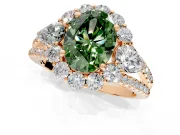 Halo Engagement Ring Setting for Fancy Green Oval Center with Two-Strand Split Shank and Prong Head in Rose Gold