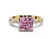 Cluster Engagement Ring Setting for Fancy Pink Princess Cut Center with Round Cut Accent Band and Prong Head in Yellow Gold