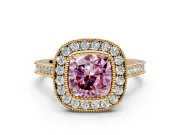 Halo Engagement Ring Setting for Fancy Pink Cushion Cut Center with Milgrain Frame, Pave Band and Prong Head in Yellow Gold