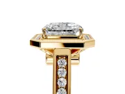 Halo Engagement Ring Setting for Emerald Cut Center with Outer Bezel Rim, Pave Band and Prong Head in Yellow Gold