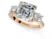 3 Stone Engagement Ring Setting for Asscher Cut Center with Crossover Basket, Pave Band and Prong Head in Rose Gold