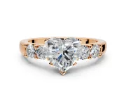5 Stone Engagement Ring Setting for Heart-Shaped Center with Plain Band and Prong Head in Rose Gold