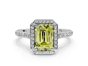 Halo Engagement Ring Setting for Fancy Yellow Emerald Cut Center with Pave Accents, Heart Basket and Prong Head in White Gold