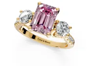 3 Stone Engagement Ring Setting for Fancy Pink Emerald Cut Center with Crossover Basket, Pave Band and Prong Head in Yellow Gold