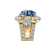 Halo Engagement Ring Setting for Fancy Blue Round Cut Center with Two-Strand Split Shank and Prong Head in Yellow Gold