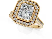 Halo Engagement Ring Setting for Radiant Cut Center with Milgrain Frame, Pave Band and Prong Head in Yellow Gold