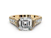 Solitaire Engagement Ring Setting for Asscher Cut Center with Pave Cathedral Shoulders and Prong Head in Yellow Gold