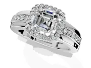 Halo Engagement Ring Setting for Asscher Cut Center with Wide Band, Inlaid Accent Row and Prong Head in Platinum
