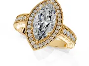Milgrain Halo Engagement Ring Setting for Marquise Center with Pave Band and Prong Head in Yellow Gold