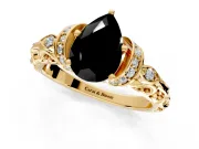 Solitaire Engagement Ring Setting for Fancy Black Pear-Shaped Center with Filigree Band and Prong Head in Yellow Gold