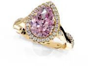 Halo Engagement Ring Setting for Fancy Pink Pear-Shaped Center with Twist Band and Prong Head in Yellow Gold