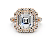 Double Halo Engagement Ring Setting for Asscher Cut Center with Narrow Pave Split Shank and Prong Head in Rose Gold