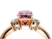 3 Stone Engagement Ring Setting for Fancy Pink Emerald Cut Center with Wide Plain Band and Prong Head in Rose Gold