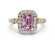 Halo Engagement Ring Setting for Fancy Pink Emerald Cut Center with Heart-Shaped Openwork, Pave Band and Prong Head in Yellow Gold