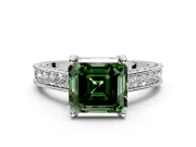 Solitaire Engagement Ring Setting for Fancy Green Asscher Cut Center with Milgrain-Framed Pave Band and Prong Head in Sterling Silver