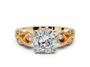 Leaf Engagement Ring Setting for Cushion Cut Center with Milgrain Accent Band and Prong Head in Yellow Gold