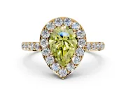 Halo Engagement Ring Setting for Fancy Yellow Pear-Shaped Center with Heart-Shaped Openwork, Pave Band and Prong Head in Yellow Gold