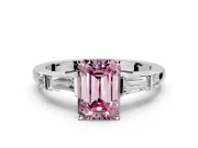 Bar-Set Engagement Ring Setting for Fancy Pink Emerald Cut Center with Tapered Baguette Accents and Prong Head in White Gold