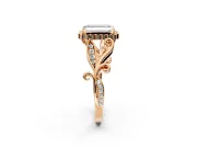 Halo Engagement Ring Setting for Emerald Cut Center with Leaf Motif Split Shank and Prong Head in Rose Gold